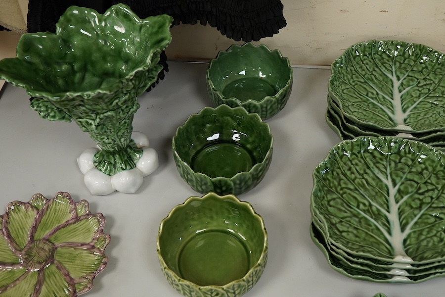 A collection of Portuguese majolica table wares and a dish etc